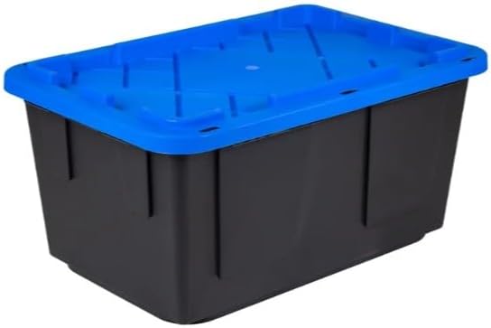 Tough 27 Gallon Plastic Storage Bin with Snap Lid, Stackable, Lockable, Set of 8, Heavy-Duty, Durable, Multi-Purpose Storage Containers for Indoor & Outdoor Use (Blue and Black)