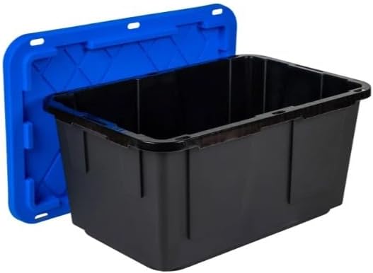 Tough 27 Gallon Plastic Storage Bin with Snap Lid, Stackable, Lockable, Set of 8, Heavy-Duty, Durable, Multi-Purpose Storage Containers for Indoor & Outdoor Use (Blue and Black)
