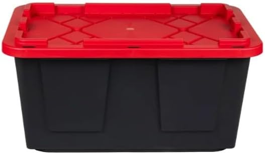 Tough 27 Gallon Plastic Storage Bin with Snap Lid, Stackable, Lockable, Set of 8, Heavy-Duty, Durable, Multi-Purpose Storage Containers for Indoor & Outdoor Use (Red and Black)