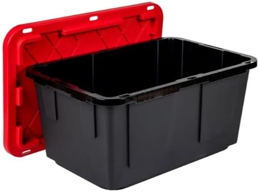 Tough 27 Gallon Plastic Storage Bin with Snap Lid, Stackable, Lockable, Set of 8, Heavy-Duty, Durable, Multi-Purpose Storage Containers for Indoor & Outdoor Use (Red and Black)