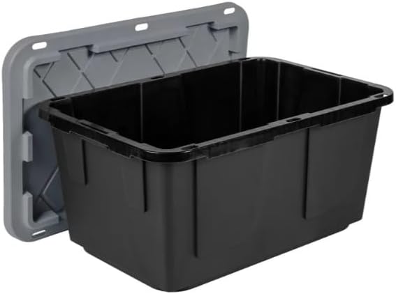 Tough 27 Gallon Plastic Storage Bin with Snap Lid, Stackable, Lockable, Set of 8, Heavy-Duty, Durable, Multi-Purpose Storage Containers for Indoor & Outdoor Use (Gray and Black)