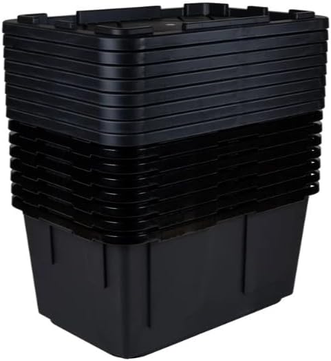 Tough 27 Gallon Plastic Storage Bin with Snap Lid, Stackable, Lockable, Set of 8, Heavy-Duty, Durable, Multi-Purpose Storage Containers for Indoor & Outdoor Use (Black)