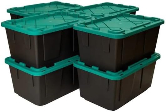 Tough 27 Gallon Plastic Storage Bin with Snap Lid, Stackable, Lockable, Set of 8, Heavy-Duty, Durable, Multi-Purpose Storage Containers for Indoor & Outdoor Use (Green and Black)