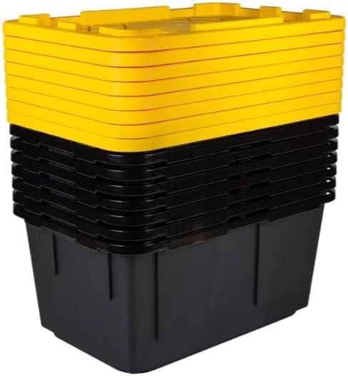 Tough 27 Gallon Plastic Storage Bin with Snap Lid, Stackable, Lockable, Set of 8, Heavy-Duty, Durable, Multi-Purpose Storage Containers for Indoor & Outdoor Use (Yellow and Black)