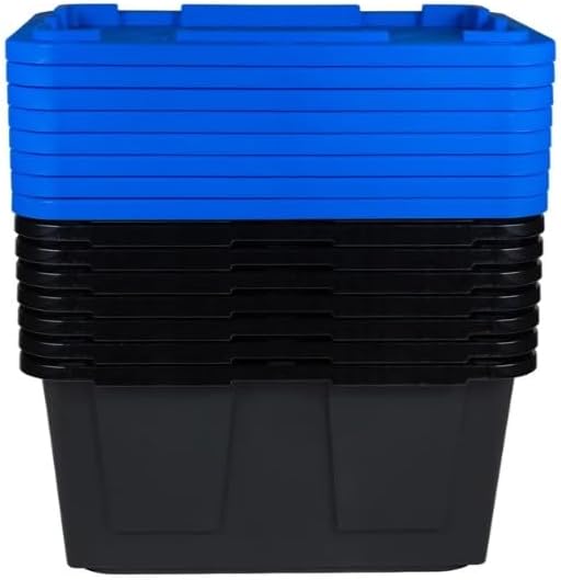 Tough 27 Gallon Plastic Storage Bin with Snap Lid, Stackable, Lockable, Set of 8, Heavy-Duty, Durable, Multi-Purpose Storage Containers for Indoor & Outdoor Use (Blue and Black)
