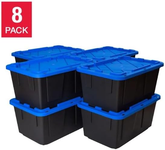 Tough 27 Gallon Plastic Storage Bin with Snap Lid, Stackable, Lockable, Set of 8, Heavy-Duty, Durable, Multi-Purpose Storage Containers for Indoor & Outdoor Use (Blue and Black)