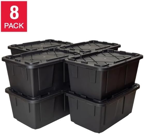 Tough 27 Gallon Plastic Storage Bin with Snap Lid, Stackable, Lockable, Set of 8, Heavy-Duty, Durable, Multi-Purpose Storage Containers for Indoor & Outdoor Use (Black)