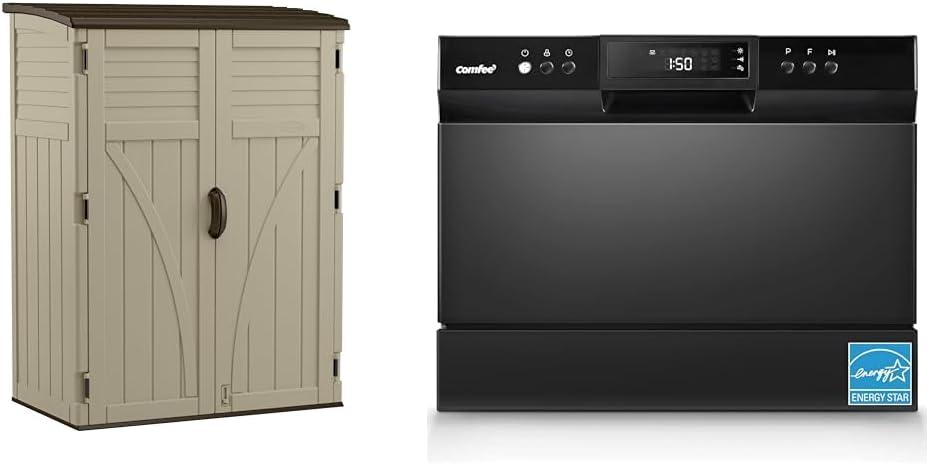 Suncast 54 Cubic Feet Vertical Storage Shed with Durable Plastic Construction & COMFEE' Countertop Dishwasher, Energy Star Portable Dishwasher, 6 Place Settings