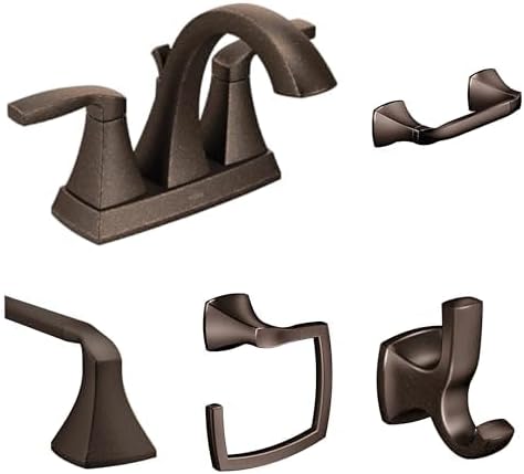 Moen Voss Oil-Rubbed Bronze Bathroom Set: Two-Handle High-Arc Centerset Faucet, 24-Inch Towel Bar, Double Post Toilet Paper Holder, Hand Towel Ring & Double Robe Hook