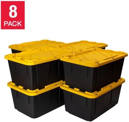 Tough 27 Gallon Plastic Storage Bin with Snap Lid, Stackable, Lockable, Set of 8, Heavy-Duty, Durable, Multi-Purpose Storage Containers for Indoor & Outdoor Use (Yellow and Black)