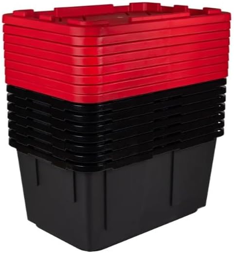 Tough 27 Gallon Plastic Storage Bin with Snap Lid, Stackable, Lockable, Set of 8, Heavy-Duty, Durable, Multi-Purpose Storage Containers for Indoor & Outdoor Use (Red and Black)