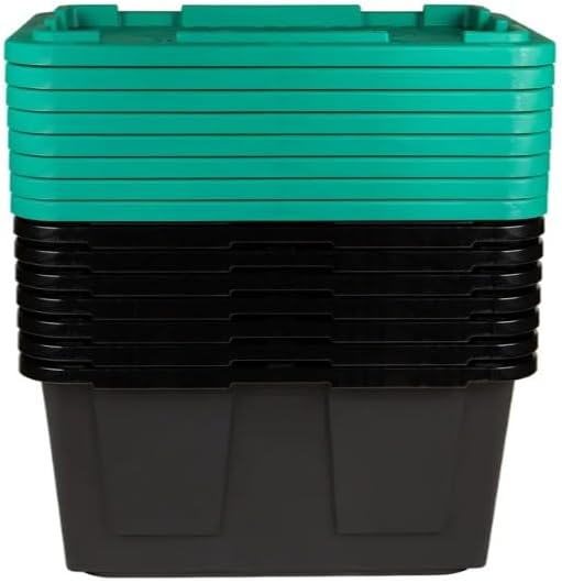 Tough 27 Gallon Plastic Storage Bin with Snap Lid, Stackable, Lockable, Set of 8, Heavy-Duty, Durable, Multi-Purpose Storage Containers for Indoor & Outdoor Use (Green and Black)