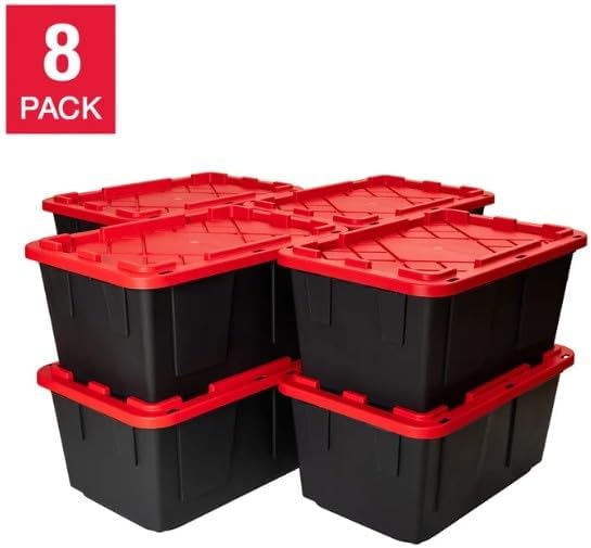 Tough 27 Gallon Plastic Storage Bin with Snap Lid, Stackable, Lockable, Set of 8, Heavy-Duty, Durable, Multi-Purpose Storage Containers for Indoor & Outdoor Use (Red and Black)