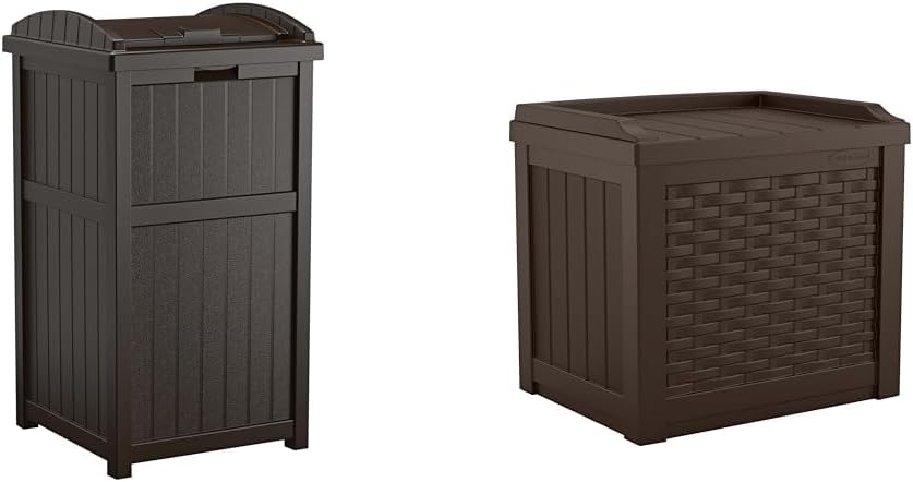 Suncast 33 Gallon Durable Plastic Hideaway Outdoor Garbage Can with Secure Lid and Wicker Design for Home Backyards, Decks, or Patios, Java Brown & 22 Gallon Small Resin Storage Seat, Java, SSW600J