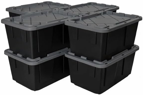 Tough 27 Gallon Plastic Storage Bin with Snap Lid, Stackable, Lockable, Set of 8, Heavy-Duty, Durable, Multi-Purpose Storage Containers for Indoor & Outdoor Use (Gray and Black)