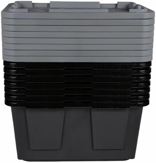 Tough 27 Gallon Plastic Storage Bin with Snap Lid, Stackable, Lockable, Set of 8, Heavy-Duty, Durable, Multi-Purpose Storage Containers for Indoor & Outdoor Use (Gray and Black)