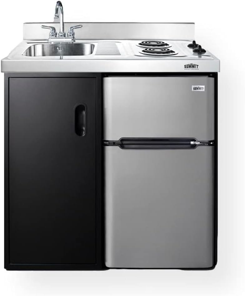 Summit Appliance CK36EL Wide All-in-One Kitchenette; 3.2 cu.ft; Cycle Defrost; Includes a 2-Door Refrigerator-Freezer; 2-Burner Coil Cooktop; Sink and Large Storage Cabinet