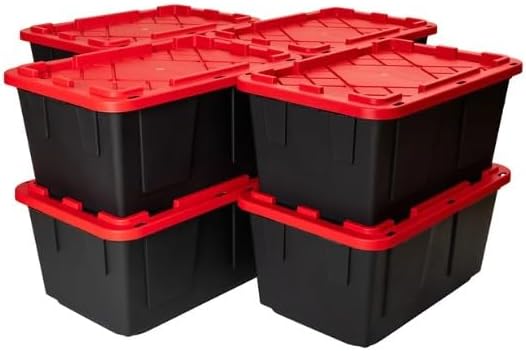 Tough 27 Gallon Plastic Storage Bin with Snap Lid, Stackable, Lockable, Set of 8, Heavy-Duty, Durable, Multi-Purpose Storage Containers for Indoor & Outdoor Use (Red and Black)
