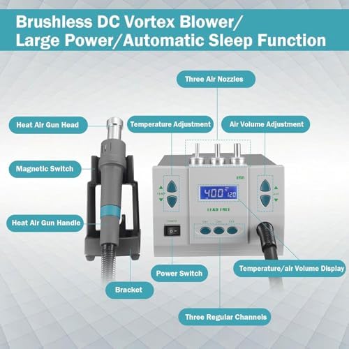 Hot Air Welding Station, 1000W Industrial-Grade with LCD Display, Brushless DC Eddy Current Fan for Electronic Product Repair and Desoldering, 250cm/s