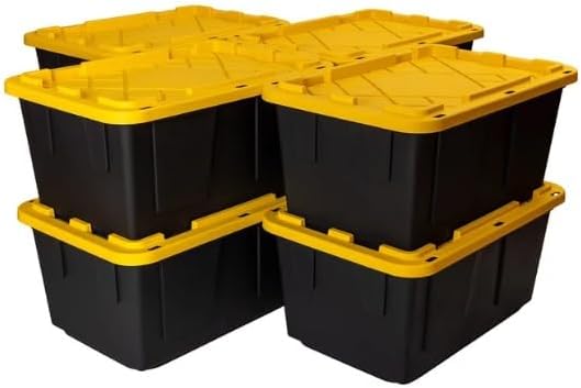 Tough 27 Gallon Plastic Storage Bin with Snap Lid, Stackable, Lockable, Set of 8, Heavy-Duty, Durable, Multi-Purpose Storage Containers for Indoor & Outdoor Use (Yellow and Black)