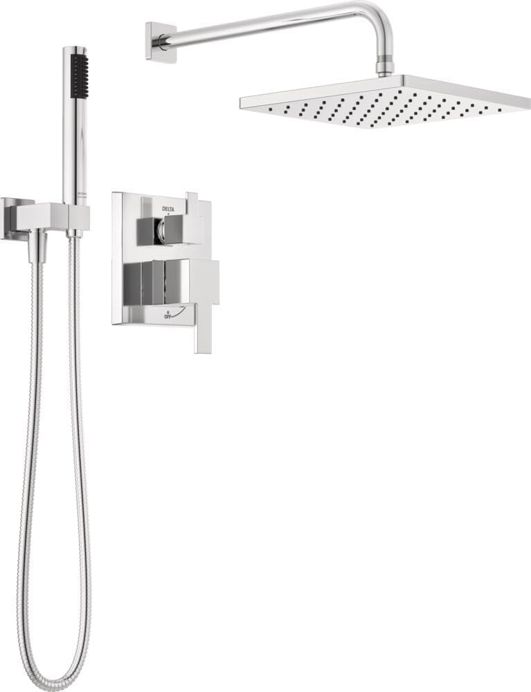 Delta Modern 14 Series Square Rain Shower System Faucet Set, Rainfall Chrome Shower Head and Handle Set, Valve Trim Kit, 10 Inch, Chrome 342701