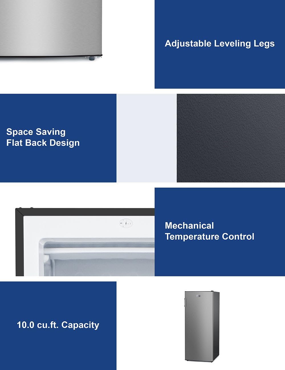 BLACK+DECKER 10 Cu. Ft. Upright Freezer, Stand Up Freezer with Mechanical Temperature Control, Freezer with 3 Shelves and 4 Door Bins, Manual Defrost, R600a Refrigerant, BUF1000LS,Stainless Steel Look