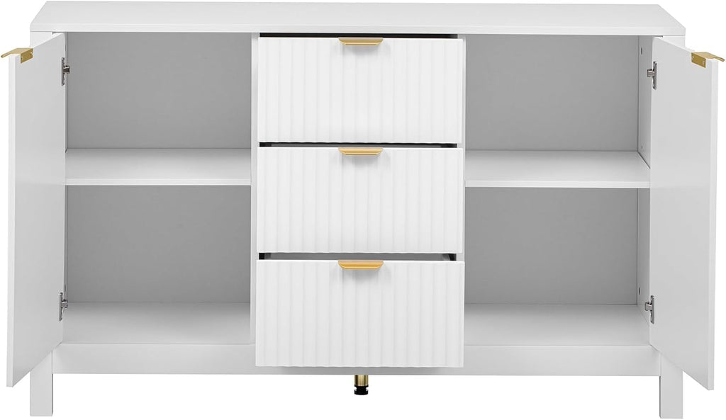 Virubi 47' Fluted Sideboard Buffet Cabinet with Storage Drawers,Doors,Adjustable Shelves and Gold Handles, Wood Modern Sideboard Accent Cabinet for Living Room,Hallway,Entryway (White)