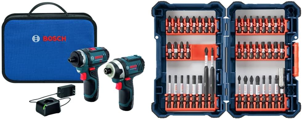 BOSCH CLPK27-120 12V Max 2-Tool Combo Kit (Drill/Driver and Impact Driver) with 2 Batteries, Charger and Case & 44 Piece Impact Tough Screwdriving Custom Case System Set SDMS44