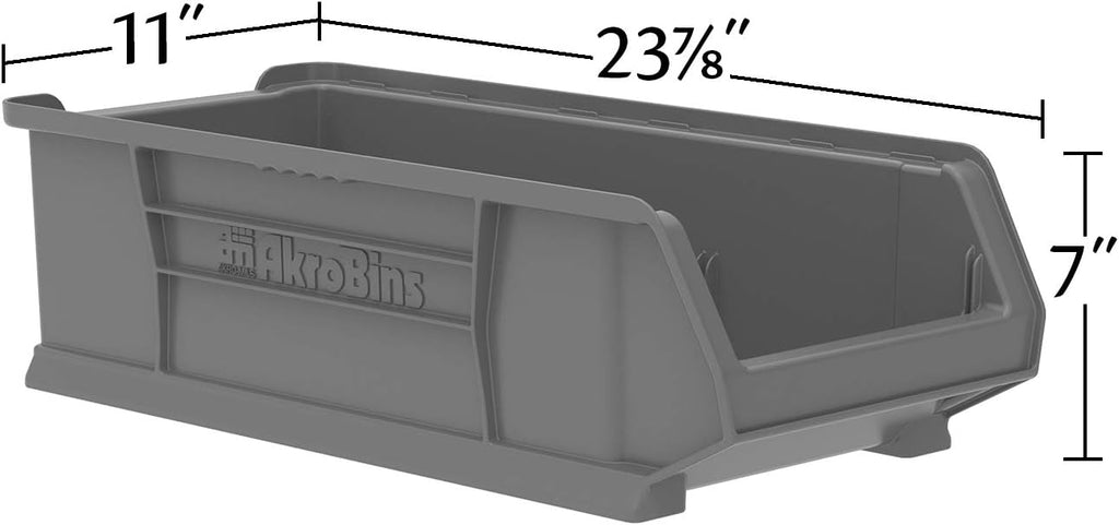 Akro-Mils 30286 Super-Size AkroBins Plastic Storage Bins, Space-Saving Stackable Bins for Garage, Classroom, Warehouse Organization, 24' L x 11' W x 7' H, Grey, 4-Pack