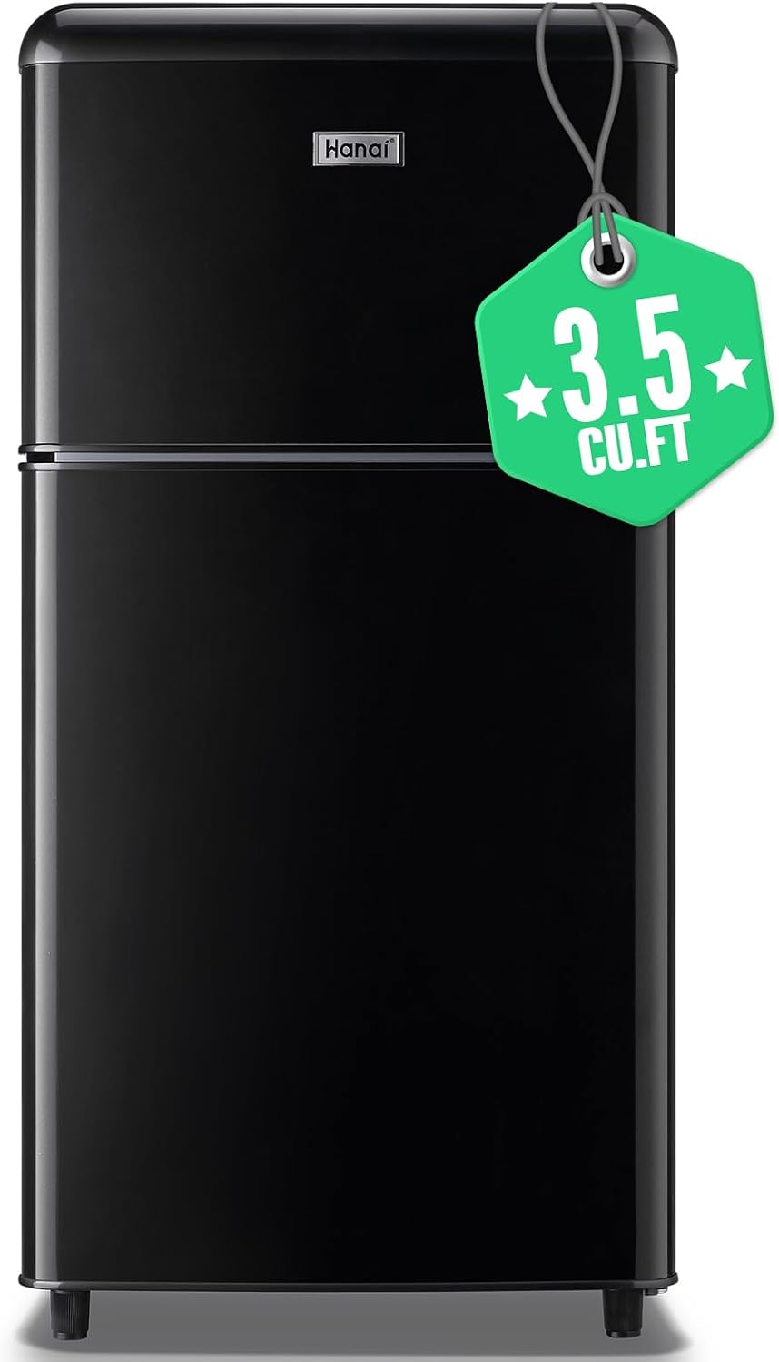 WANAI Retro Mini Fridge with Top Freezer 3.5 Cu.Ft Compact Refrigerator with Seven Adjustable Thermostat Two Door Small Fridge with Removable Glass Shelves for Kitchen Dorm Office Apt Black