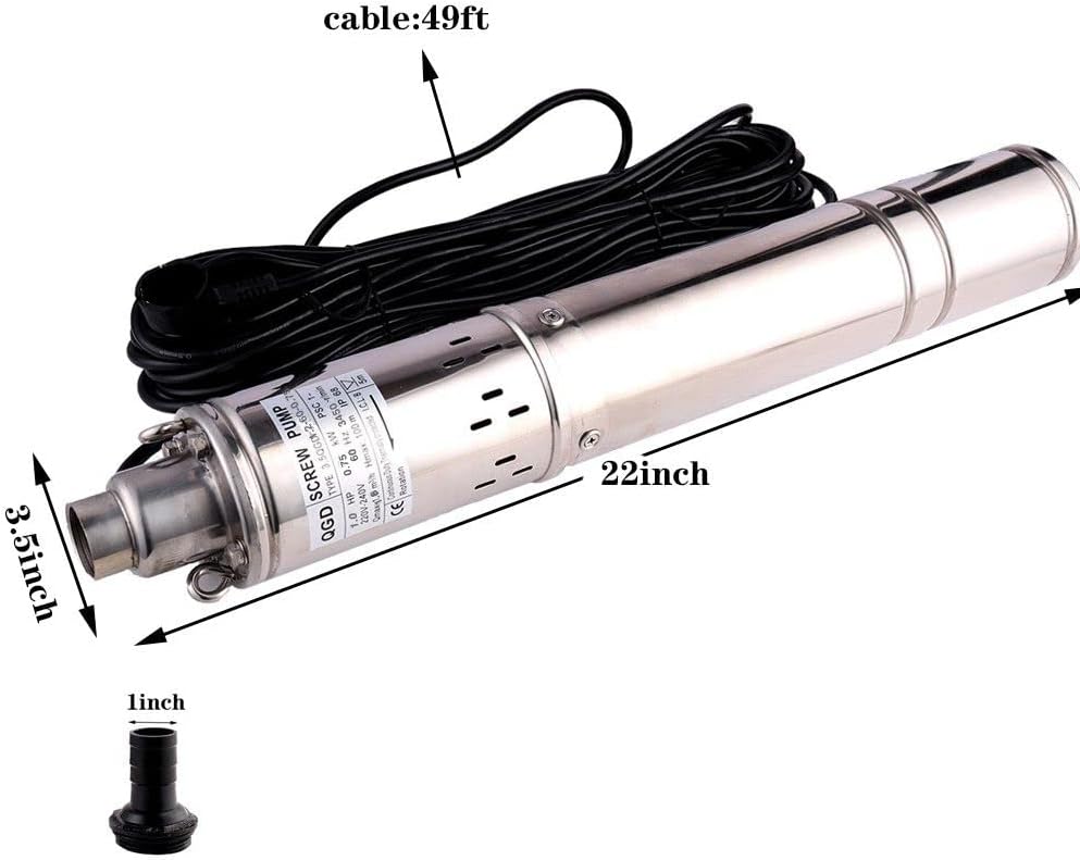 3.5 Inch Tube Stainless Steel Deep Well Pump 1HP Submersible Screw Well Pump 220-240V/60Hz Well Water Pump Max.Head 100m/328ft Flow 8GPM 90mm Well Pump for Home and Industrial Garden Agricultural