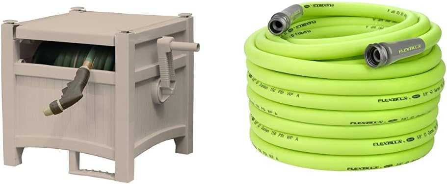 Suncast Resin Outdoor Hideaway 100 ft Durable Storage Reel with Crank Handle and Lid 100' Hose Capacity, Taupe & Flexzilla Garden Hose, 5/8 in. x 100 ft., Heavy Duty, Lightweight, Drinking Water Safe