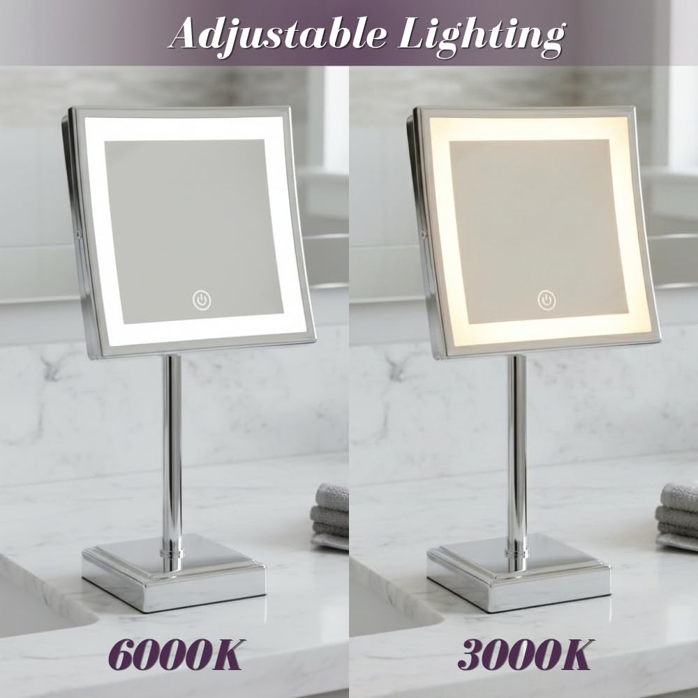 JERDON Lighted Tabletop Makeup Mirror with 5X Magnification - Chrome Finish 8' bx 8' Plug in Magnifying Mirror with Variable Lighting - Model JRT880CL