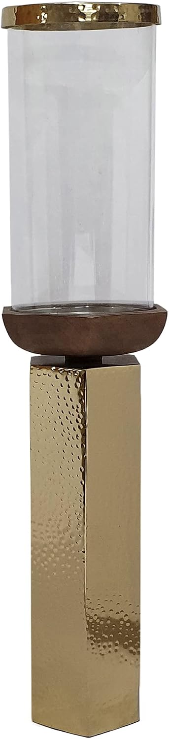 A&B Home Hammered Gold Candle Holder- Aluminum Candle Holder with Hurricane Glass, Decorative Tabletop Lighting, Living Room Coffee Table Accent Piece Dining Table Centerpiece, 5' x 5' x 21'