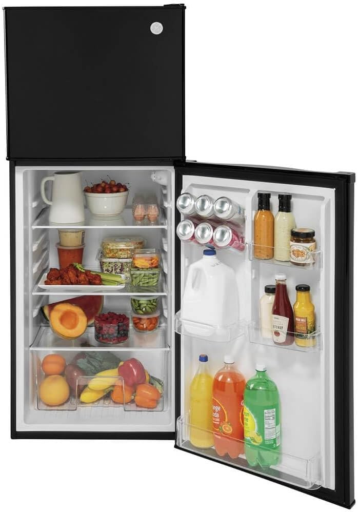 GE GPV10FGNBB 24' Top Freezer Refrigerator with 9.93 cu. ft. Capacity 12V DC Power Only LED Lighting and Adjustable Spillproof Glass Shelves in Black