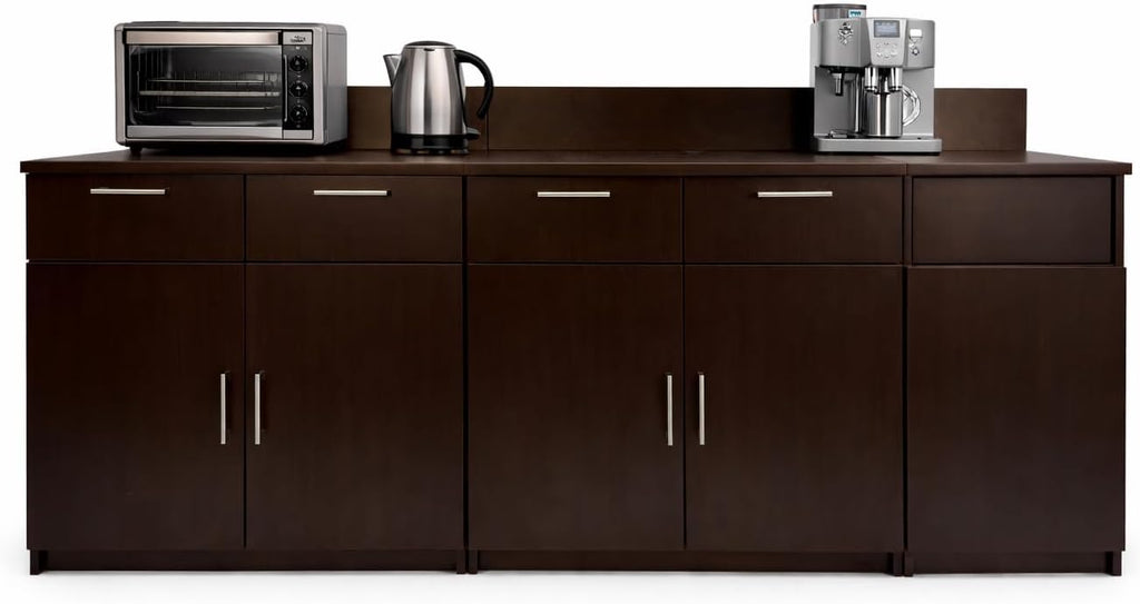 BREAKtime Office Storage Cabinet with Trash Bin Compartment, 2-Door Breakroom Coffee Station, Fully Assembled, 90' W x 24' D x 36' H, Trash Bin Included, Appliances Not Included