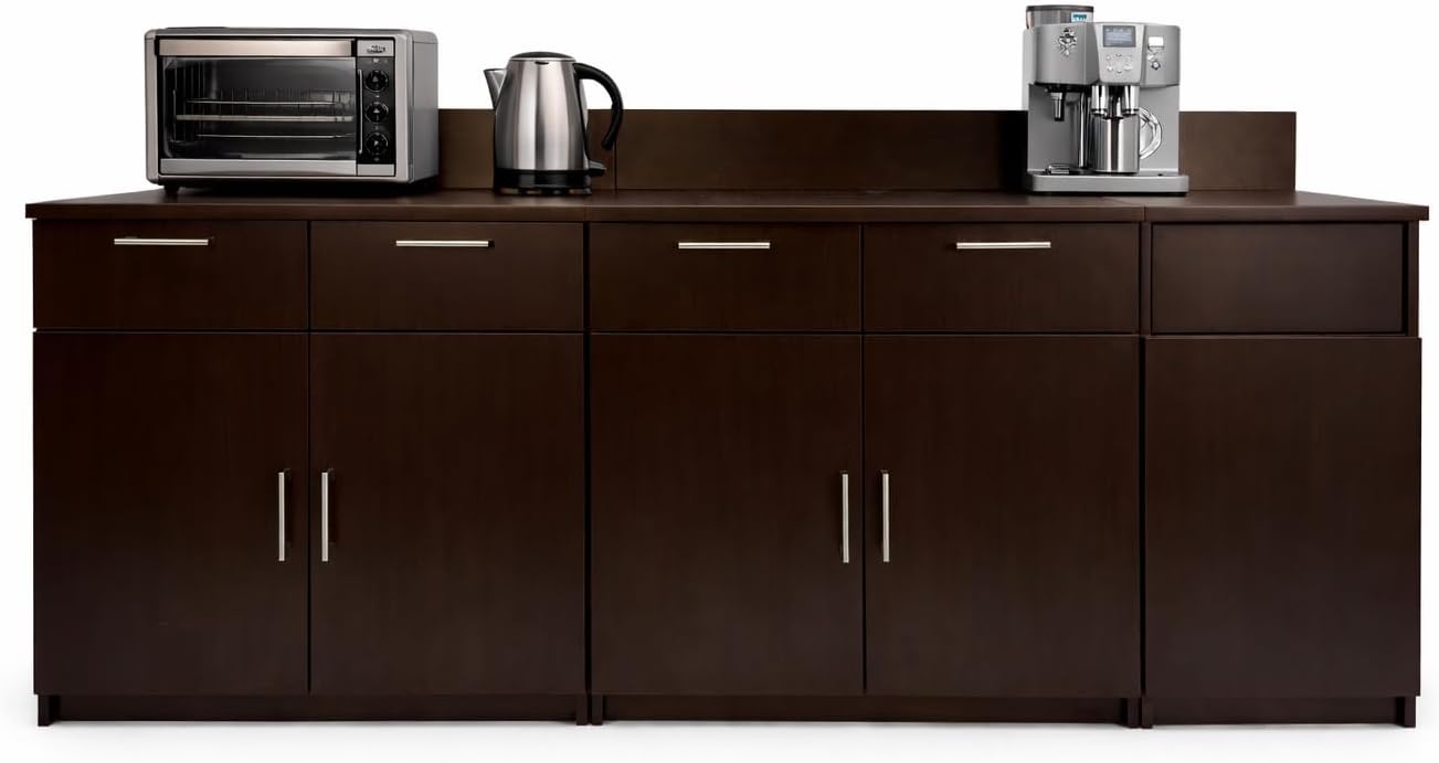 BREAKtime Office Storage Cabinet with Trash Bin Compartment, 2-Door Breakroom Coffee Station, Fully Assembled, 90' W x 24' D x 36' H, Trash Bin Included, Appliances Not Included