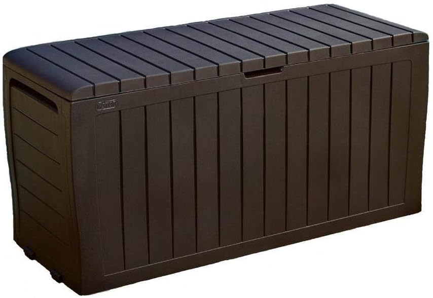 Greesum 3 Pieces Patio Furniture PE Rattan Wicker Chair Conversation Set, Brown and Beige & Keter Marvel Plus 71 Gallon Resin Deck Box-Organization and Storage