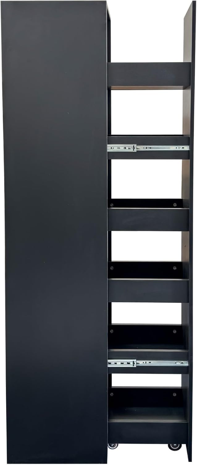 KEIKI Pull-Out Kitchen Pantry Storage Cabinet with Multi-Tier Shelf, Spice Rack Next to Fridge, Freestanding Wood Hutch Food Pantries Cupboard for Coffee Bar, Dining Room, Narrow Spaces