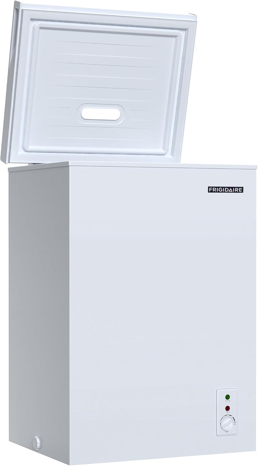 FRIGIDAIRE EFRF3005-AMZ Chest Deep Freezer-Garage-Ready, 3.5 Cu. Ft. Capacity, White-Adjustable Thermostat-Removable Vinyl Coated Wire Basket-Easy Defrost Drain
