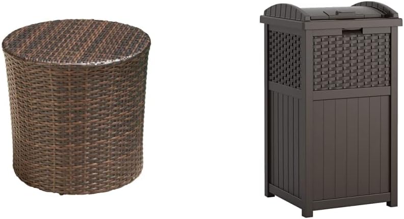 Christopher Knight Home Keaton Wicker Barrel Side Table, Multibrown & Suncast 33 Gallon Hideaway Can Resin Outdoor Trash with Lid Use in Backyard, Deck, or Patio, 33-Gallon, Brown