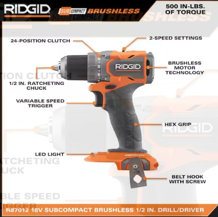 RIDGID 18V SubCompact Brushless 2-Tool Combo Kit with Drill/Driver, Impact Driver, (2) 2.0 Ah Batteries, Charger, and Tool Bag