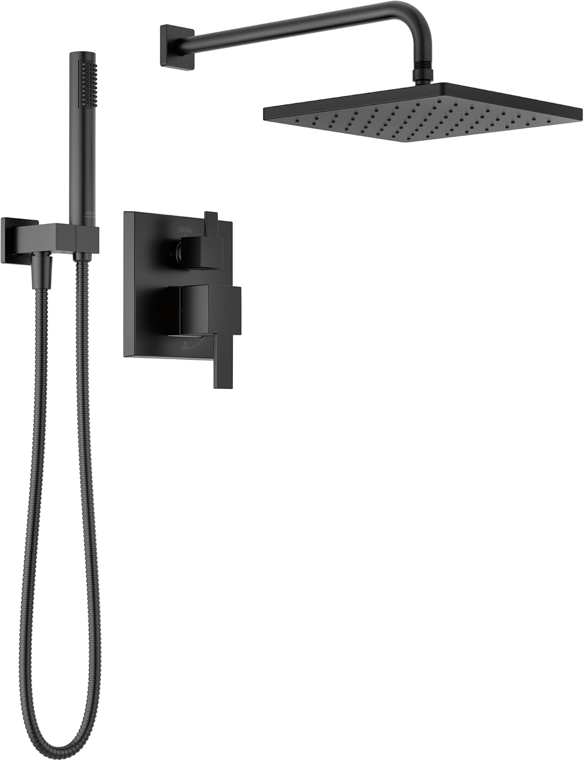 Delta Modern 14 Series Square Rain Shower System Faucet Set, Rainfall Matte Black Shower Head and Handle Set, Valve Trim Kit, 10 Inch, Matte Black T342701-BL (Valve Not Included)
