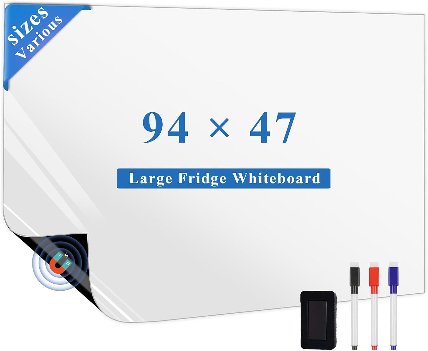 Magnetic Fridge White Board Paper, 94' x 47' Large Dry Erase Board Sheet for Organizer and Planner, Kitchen Refrigerator Whiteboard for Family to-do List, Includes Markers and Eraser