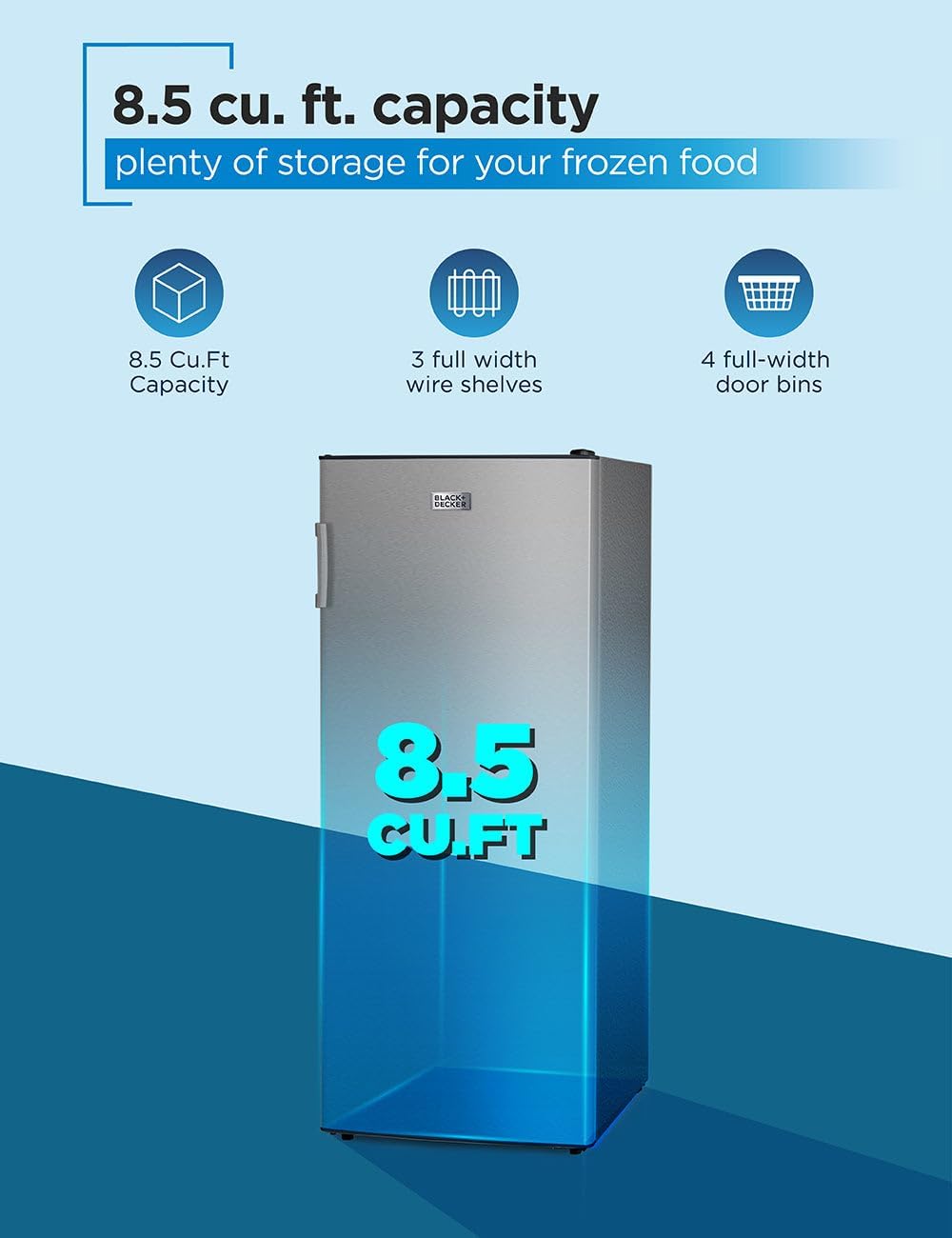 BLACK+DECKER 8.5 Cu. Ft. Upright Freezer, Stand Up Freezer with Mechanical Temperature Control,Freezer with 3 Shelves and 4 Door Bins, Manual Defrost,R600a Refrigerant, BUF850LS,Stainless Steel Look