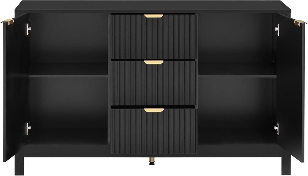 Virubi 47' Fluted Sideboard Buffet Cabinet with Storage Drawers,Doors,Adjustable Shelves and Gold Handles, Wood Modern Sideboard Accent Cabinet for Living Room,Hallway,Entryway (Black)