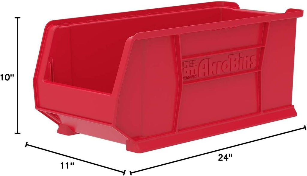 Akro-Mils 30287 Super-Size AkroBins Plastic Storage Bins, Space-Saving Stackable Bins for Garage, Classroom, Warehouse Organization, 24' L x 11' W x 10' H, Red, 4-Pack