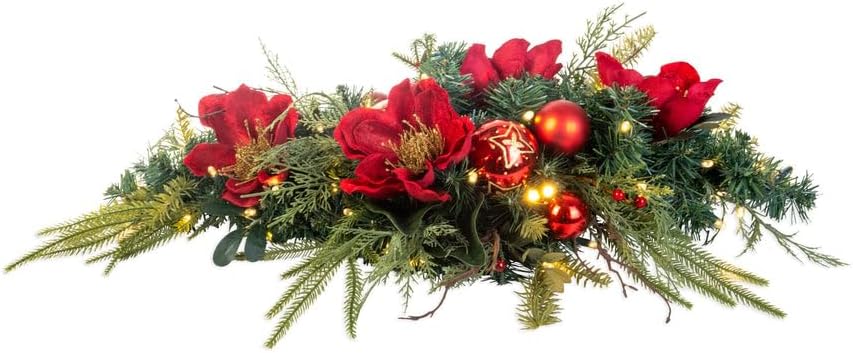 VILLAGE LIGHTING COMPANY Pre-Lit LED Table Top Centerpiece Swag - Golden Leaf Red Magnolia