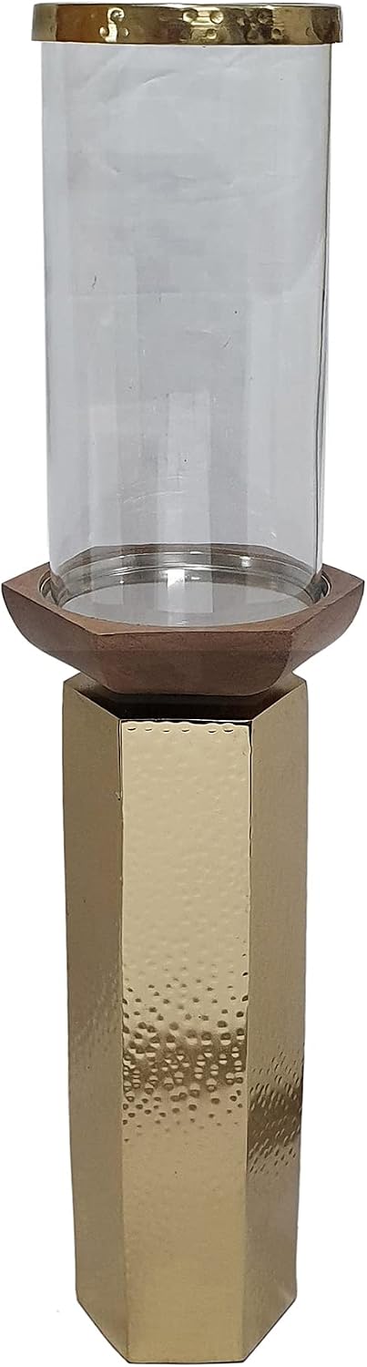 A&B Home Hammered Gold Candle Holder- Aluminum Candle Holder with Hurricane Glass, Decorative Tabletop Lighting, Living Room Coffee Table Accent Piece Dining Table Centerpiece, 5' x 5' x 21'