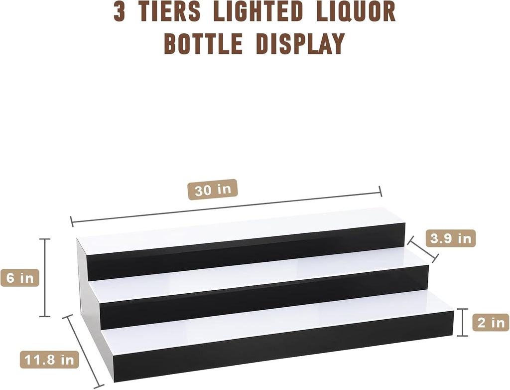 Dollate 3 Tiers 30 Inch LED Lighted Liquor Bottle Display, LED Tabletop Wine Shelves, Adjustable Lighting & Colors Liquor Storage Rack for Home Bar